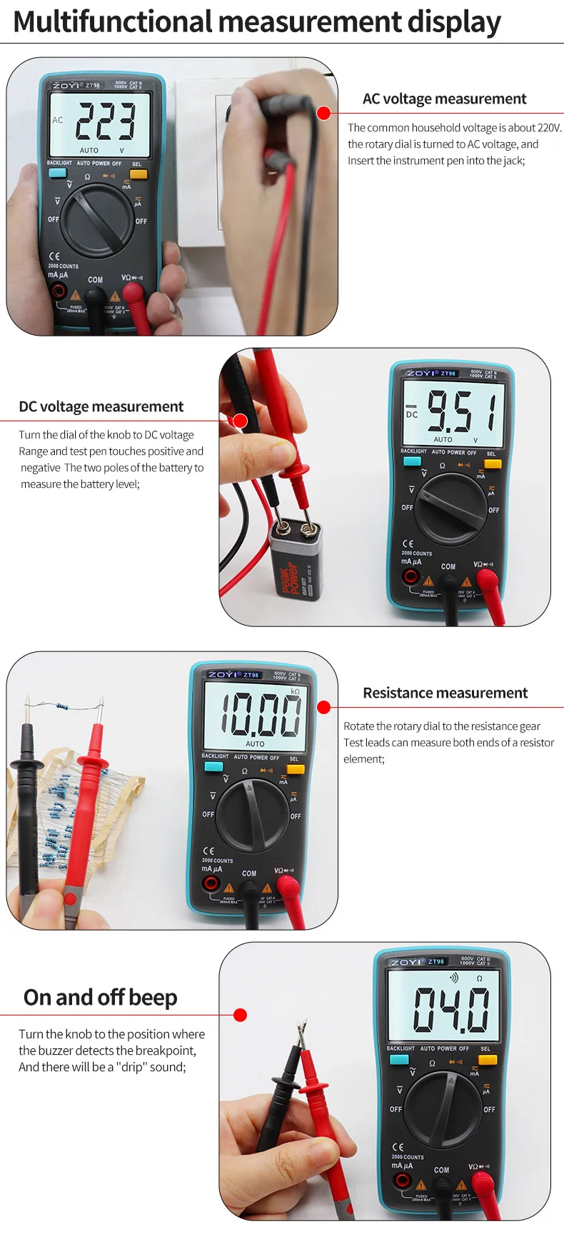 ZOYI Digitales Multimeter Amperemeter Voltmeter Widerstandsmessgerät Frequenzmesser mit Hintergrundbeleuchtung Spannungsmesser Diodentester ZT98 ZT100 ZT101 ZT102 – Detail 9