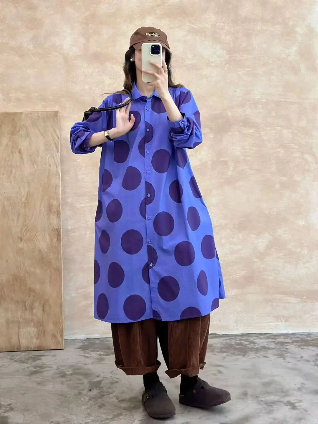 Busto 118cm vestido camisero de algodón puro con estampado de lunares para mujer estilo japonés original otoño azul púrpura vestido de puntos de manga larga