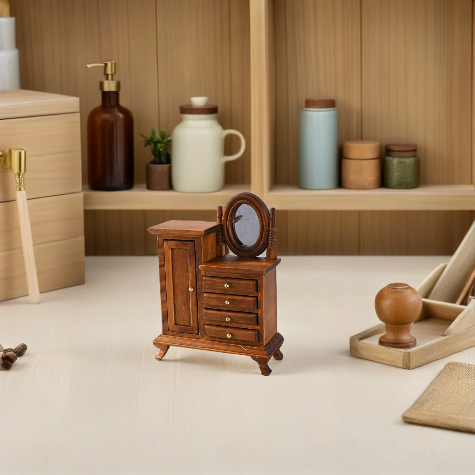 

Mini Bedroom Furniture Dollhouse Dresser Desk Sideboard Dressing Table with Mirror Model Decoration Small Vanity
