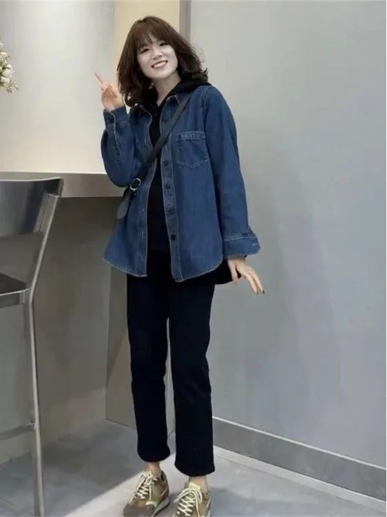 

Casual Fce Lined Denim irt Open Cardigan Outerwear Layering Top Women's Loose Fit Long Sve Color Autumn 2025