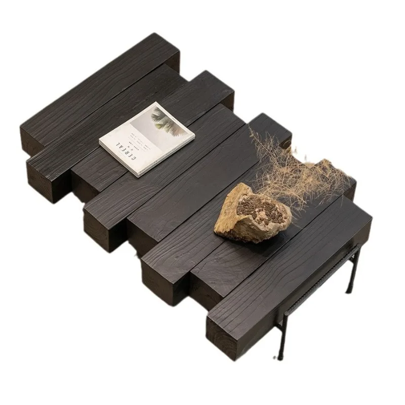 

Wabi-sabi style wooden pier patchwork creative design coffee table carbonized black simple