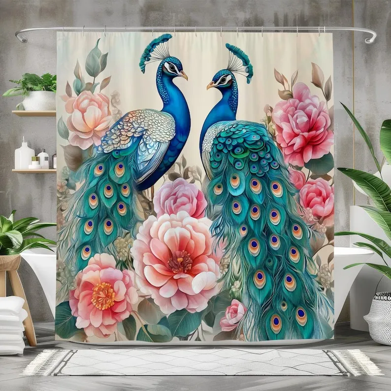 Peacock Shower Curtain with Vintage Floral Design, Elegant Blue Birds and Pink Roses, Romantic Bathroom Decor, Polyester