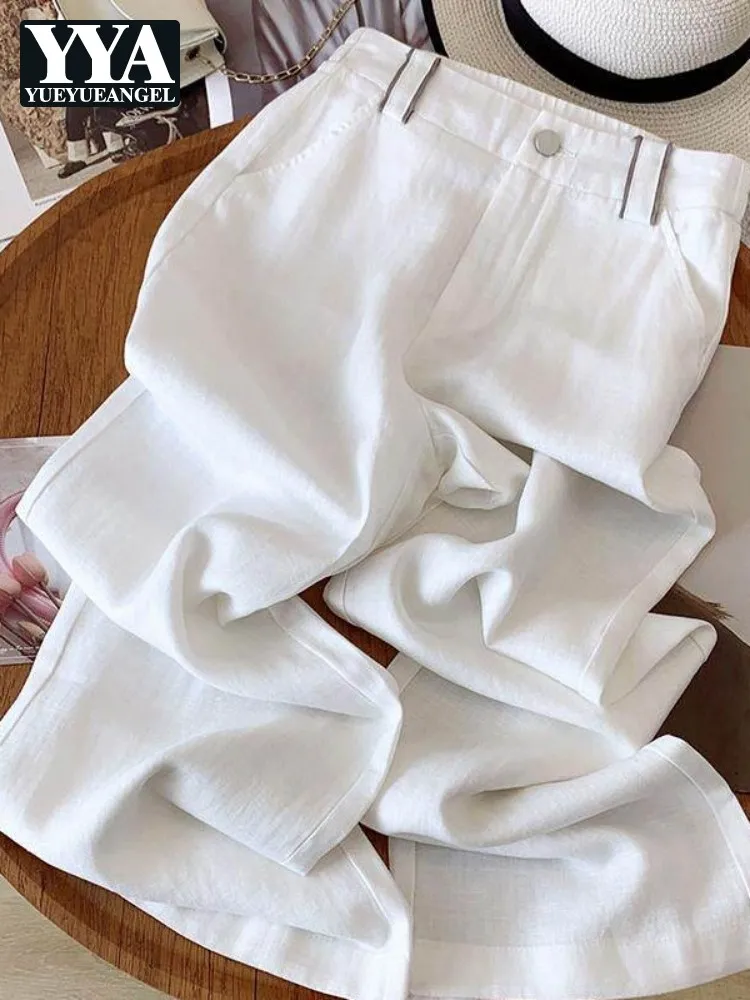 Women Office Work Summer Suit Pants High Waist Linen Loose Fit Straight Trousers Female Thin Style Wide Leg Pants Size S-4XL