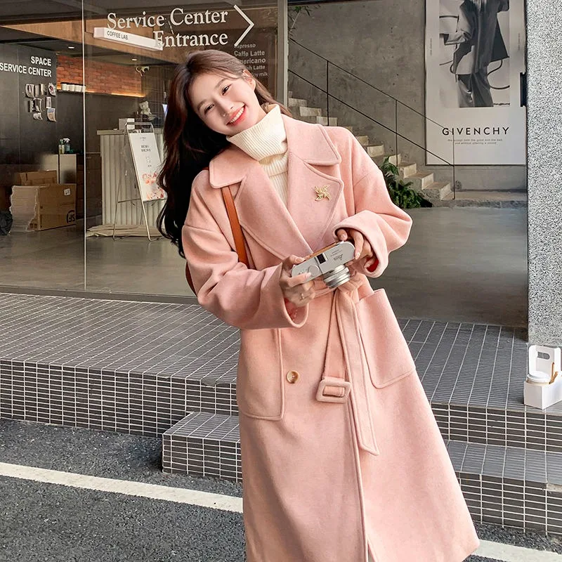 Women Fashion Double Breasted Woolen Coat Female Temperament Long Below The Knee Pink Outwear Casual Thicken Warm Winter Outcoat