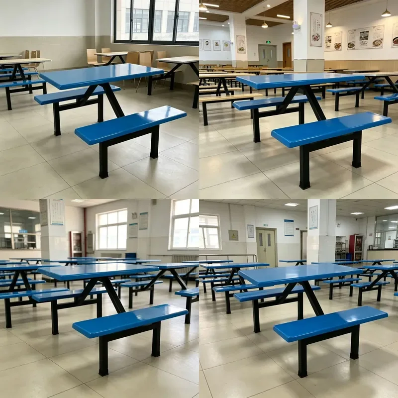 Blue FRP 4 Seater Canteen Table Set Black V Steel Frame School Dining Furniture