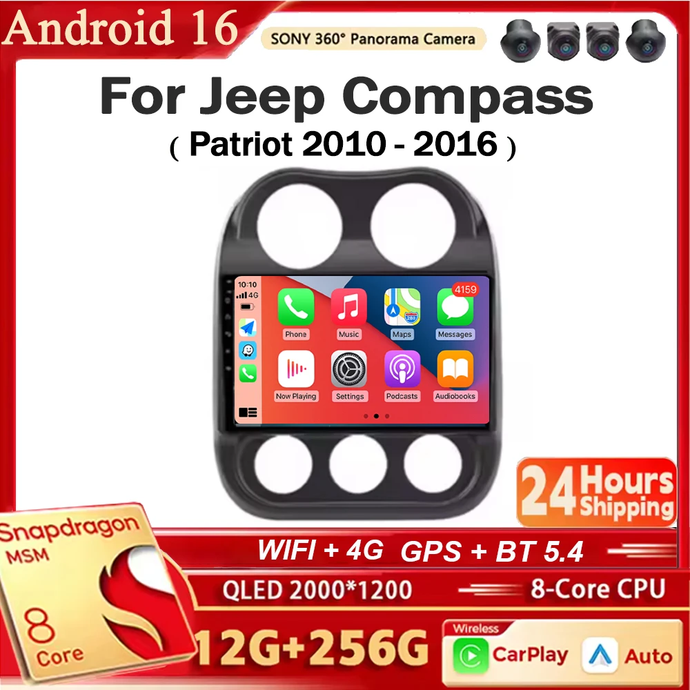 Android16 Video-Player Autoradio für Jeep Compass Patriot 2010 - 2016 Autoradio Stereo 2 Din GPS-Navigation Carplay DSP WIFI+4G