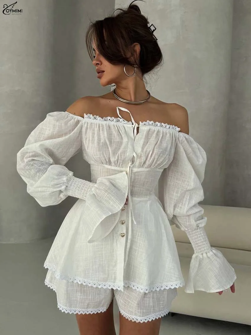 Oymimi ファッション ホワイトコットン 2 ピースセット女性の服装エレガントなストラップレス長袖レースアップボタンシャツとレースショーツセット