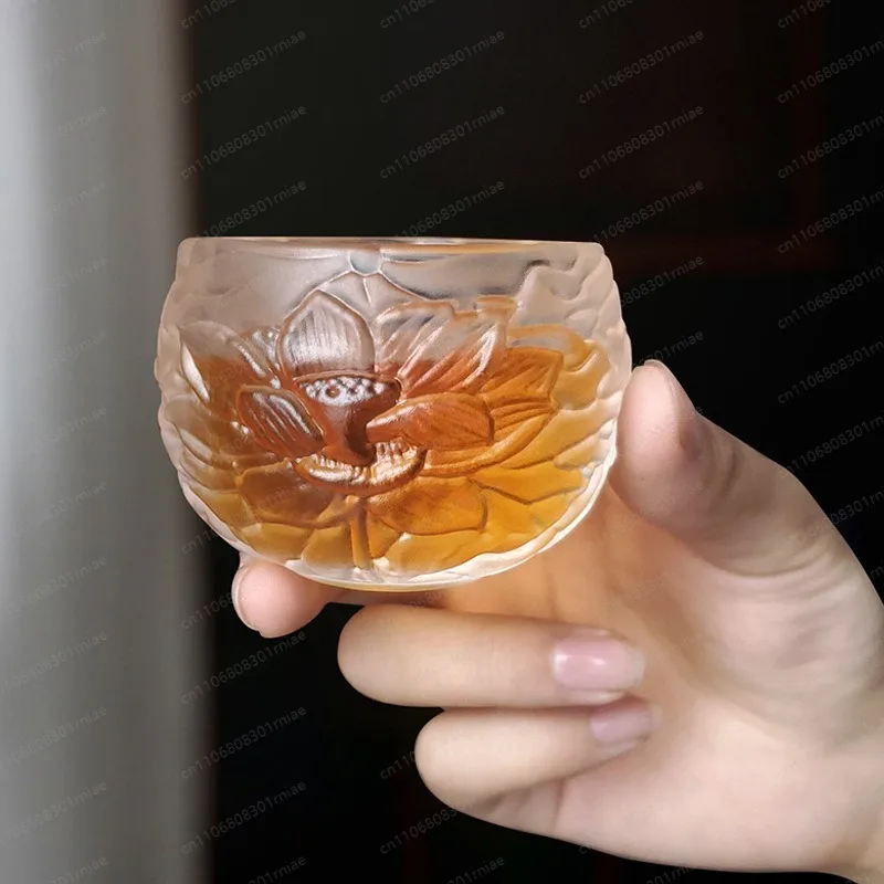 1Pc Japanese-style Glass Teacup Lotus Master Cup Multicolour Sake Glass 50ml Relief Cocktail glass Teahouse Transparent Tea Set