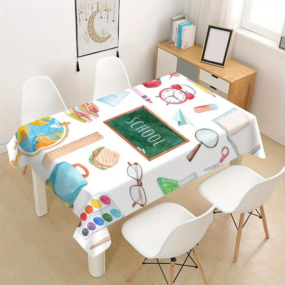 Cute School Supplies Tablecloth Waterproof Desk Cover for Kids Classroom Party Decor Learning Theme