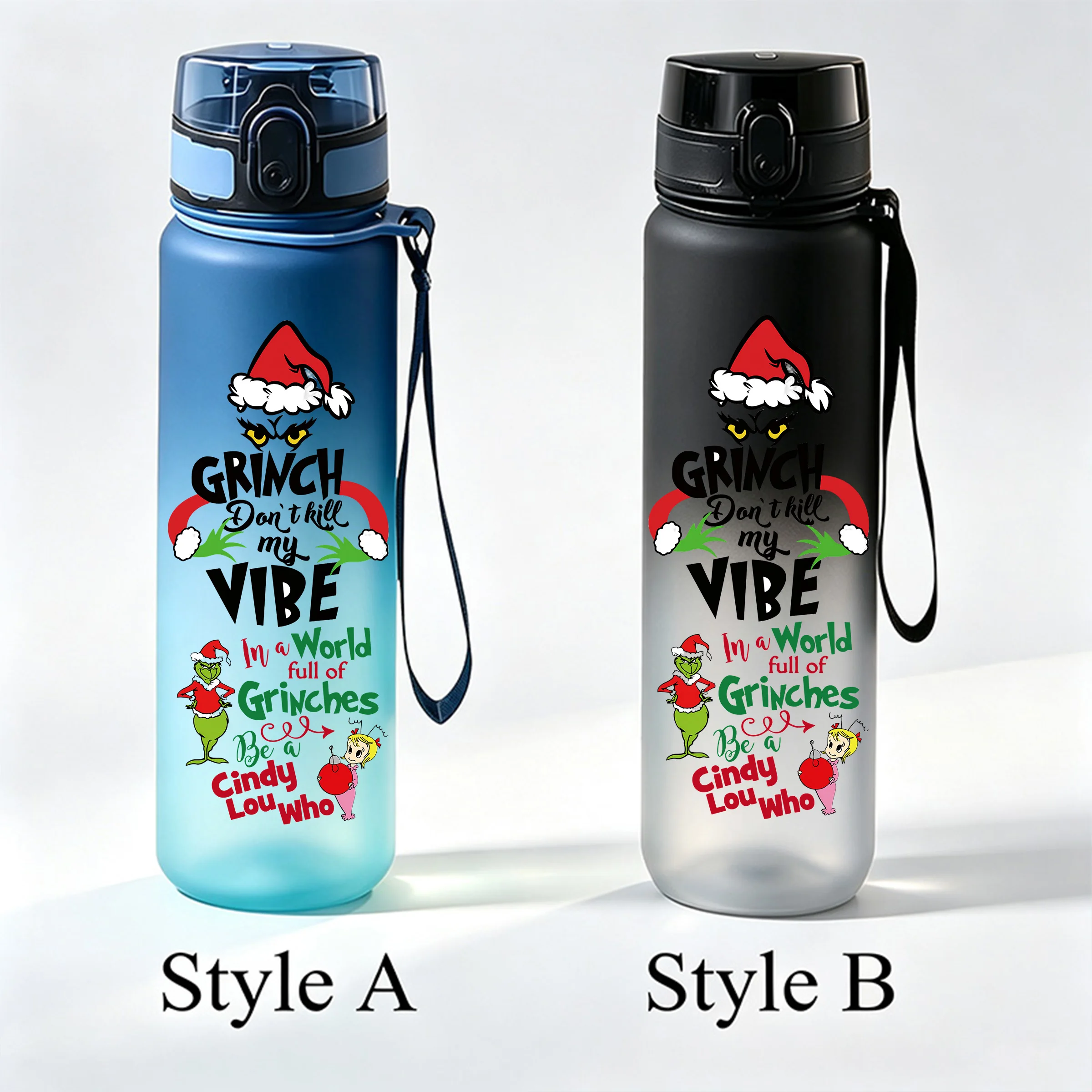 650ml The Grinch Christmas Bouncing Lid Water Cup, Gradient Frosted Leak‑proof Portable Sports Drinking Bottle with Lanyard