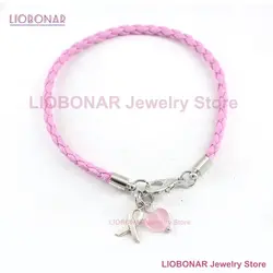 New Arrival Simple Pink PU Braid Leather Bracelets Awareness Jewelry Breast Cancer Bracelet With Pink Heart Ribbon Charm Pulsera