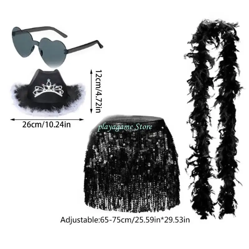 Y88A Omzoomd Cowboy Hoeden Sjaal Zonnebril Taille Riem Set Vrouwen Muziek Festival Dress Up Kostuum Vrijgezellenfeest Pak