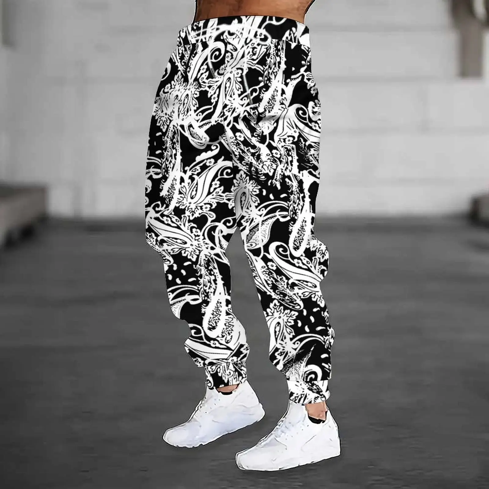 Fashion Men 3D Print Joggers Black Base Cyan Paisley Graphic Drawstring Waist Loose Hip Hop Casual Sport Long Trousers Oversize