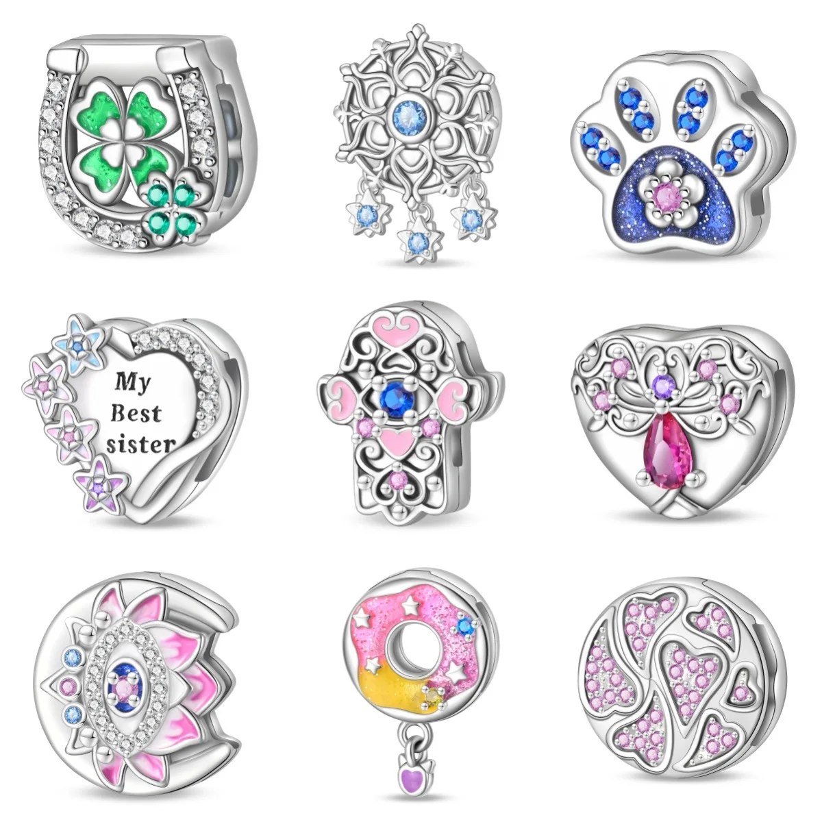 

High-quality Women's Silver Flat Bead Fatima Lucky Four-leaf Clover Life Tree Charm Pendant Bead Light Luxury Bracelet Accessory