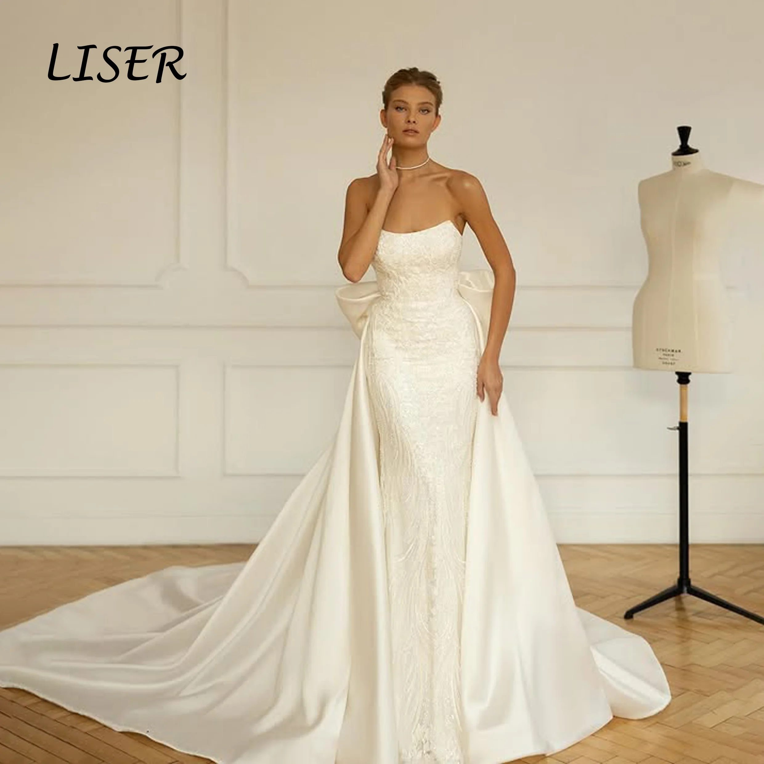 Liser Luxurious Strapless Lace Sleeveless Bow A-line Sweep Train Party Dress Robe De Mariée 2026 Customized