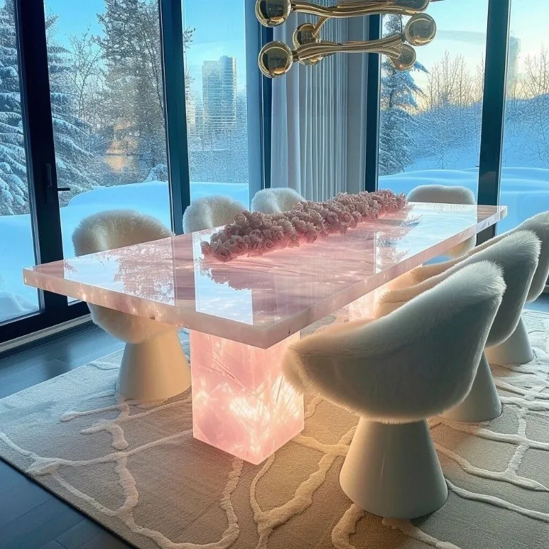 Luminous jade dining table natural designer art Internet celebrity luxury stone long table marble powder jade agate dining table