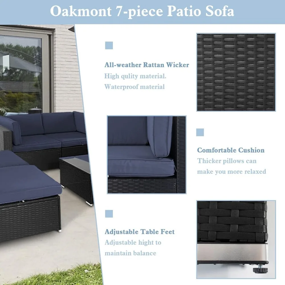 7-Piece Outdoor Patio Furniture Sofa Set Black Rattan Wicker Sectional Conversation Sets with Glass Top Table and Cushions