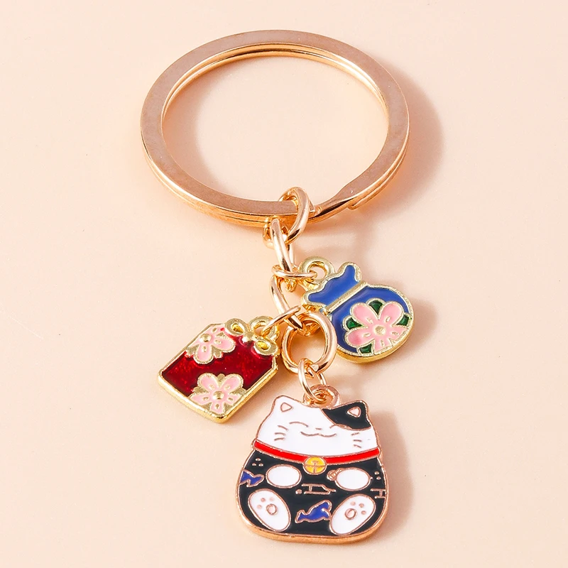 Lovely Enamel Fortune Cat Keychain Charms Gemstone Key Rings Gifts for Women Men Handbag Pendants DIY Jewelry Accessories