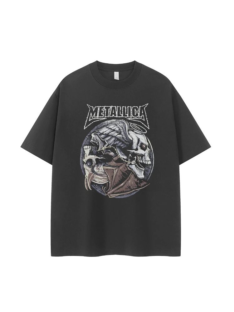 Retro American Street Design Skeleton Head Metal Band Vintage Shoulder Drop Short Sleeve T-Shirt Loose Fit Cotton Casual Style