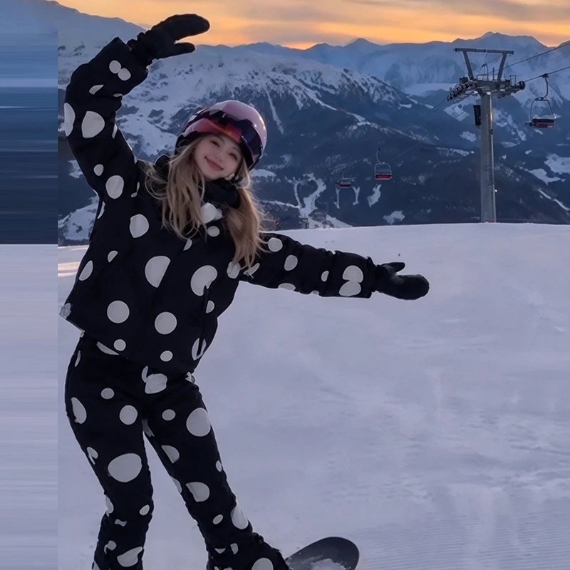 Polka Dot Ski Set Women Zip Up Hooded Puffer Jacket Long Flare Pants Ski Outfit Winter Windproof Snowboard Ladies Two Piece Suit