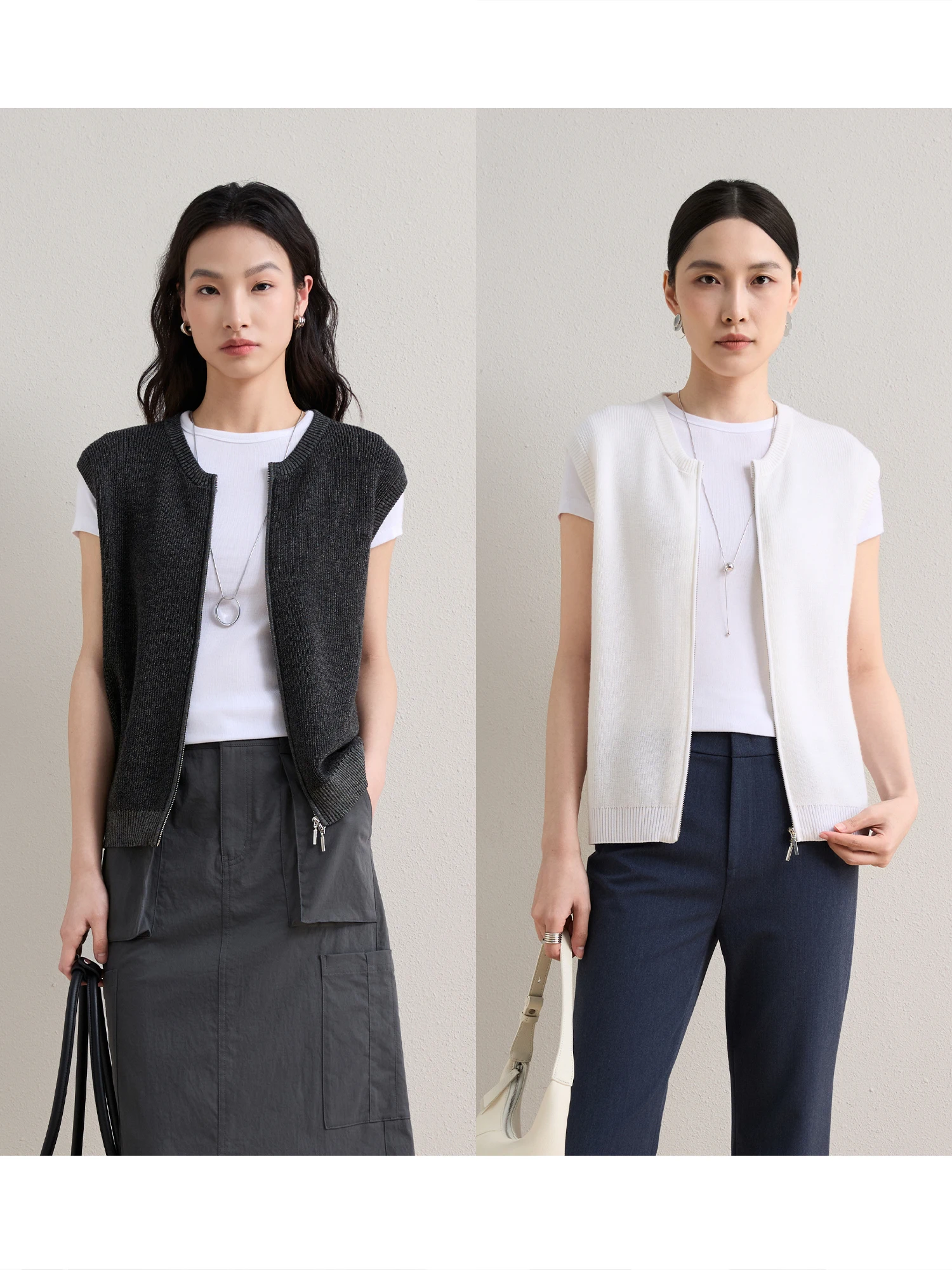 

ChangDX Double Zipper Silver Wool Knitted Vest Cardigan Intelligent Beauty Woolen Knitwear Soft Minimalist Style Women's Fashion
