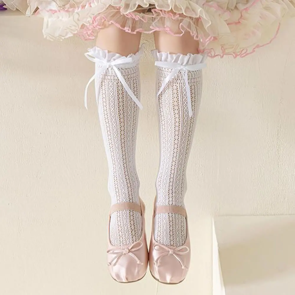 

Socks Woman Summer Hollow Lace Bowknot Lolita Solid Color Socks Middle Tube Thin Casual White Sweet Girls Stockings