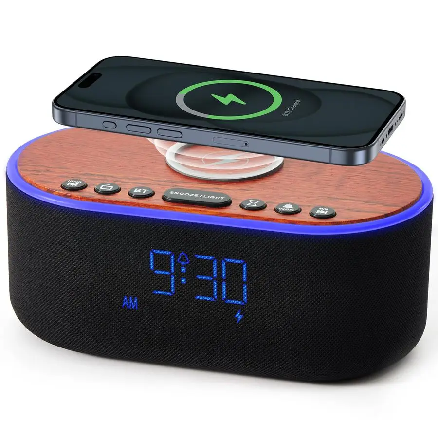 

Alarm Clock Bluetooth FM Radio 10W Stereo Sound Speaker Fast Wireless Charging for iPhone Samsung Dimmable Clock Radio for Bedr