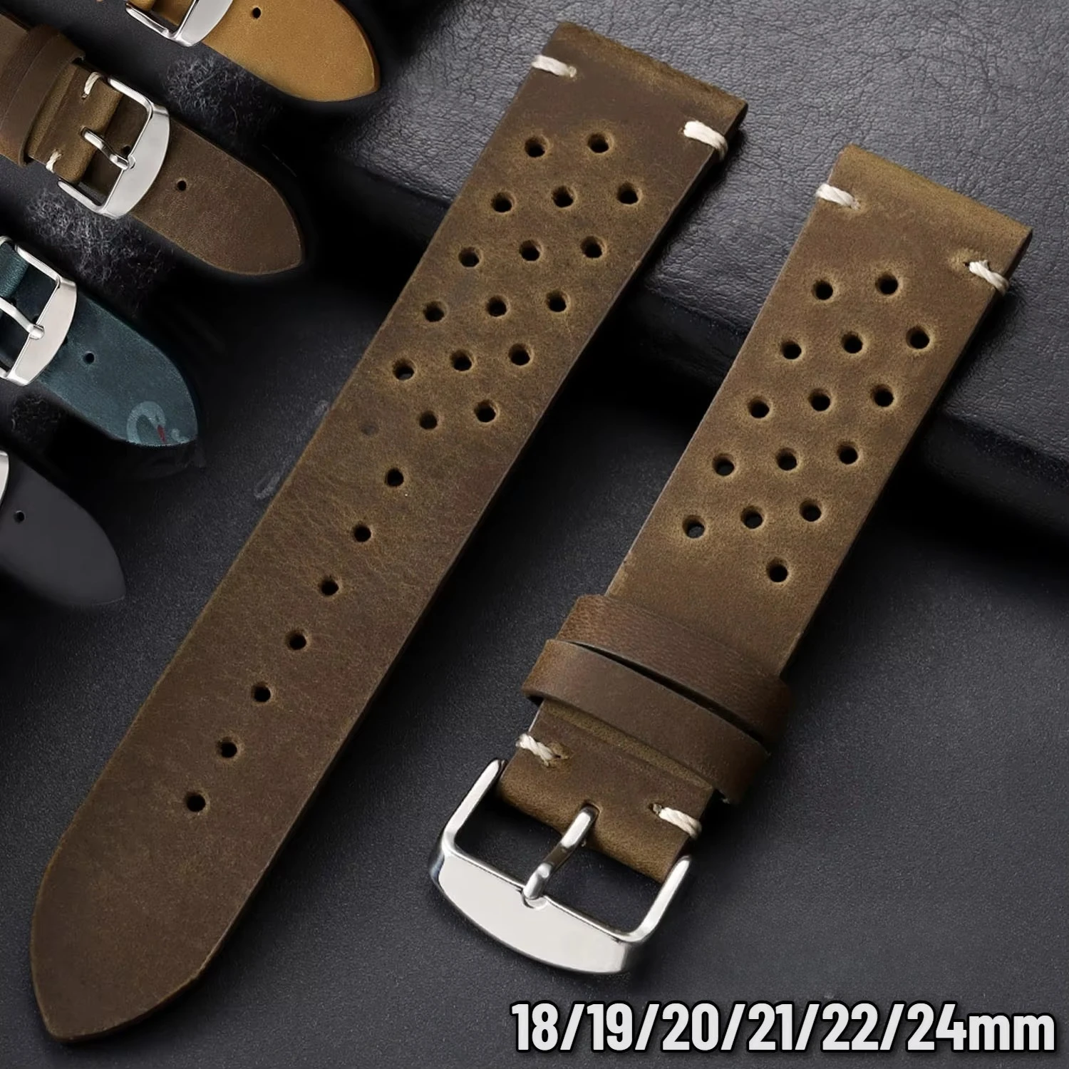 18/19/20/21/22 mm, 24 mm, Vintage-Uhrenarmband aus atmungsaktivem, porösem Leder, Business-Design, braun, schwarz, universell einsetzbar, für Damen und Herren.