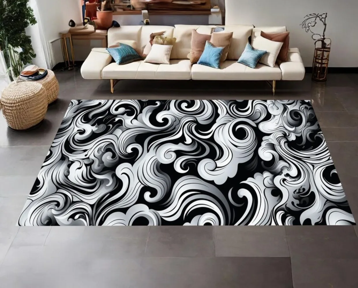3D Abstract Wavy Area Rug Modern Art Swirl Print Carpet Non-Slip Washable Floor Mat for Living Room Bedroom Home Decor