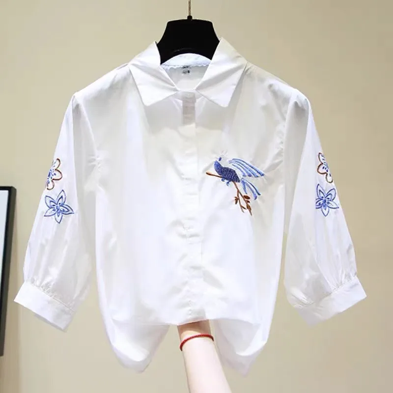 Three Quarter Blouse Women Spring Summer Korean Eembroidered Shirts Office Ladies Single Breasted Blouse White Blusa Femme Top