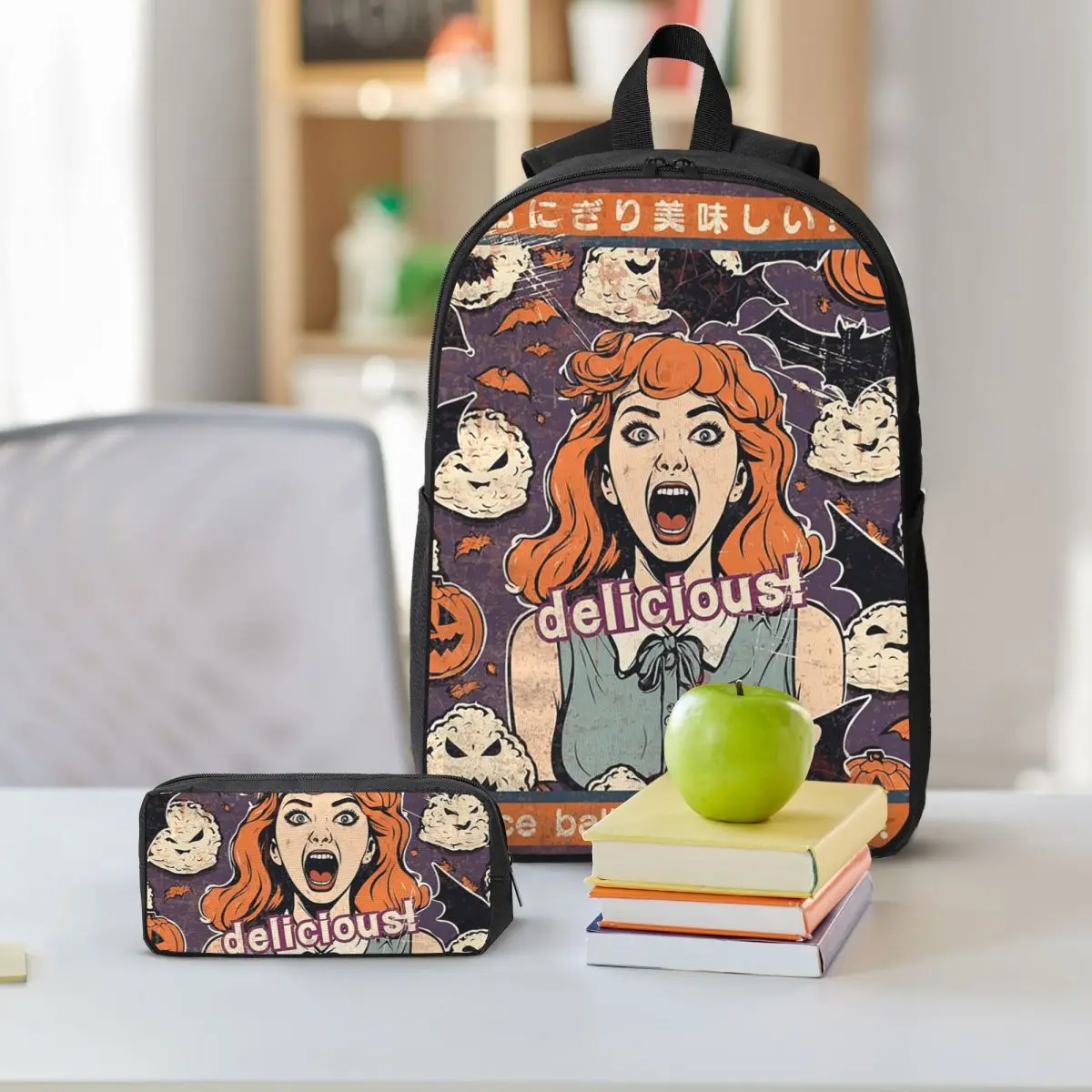 Rice Balls Is Delicious! Halloween Girl Version Backpack BookBag School Bag Shoulder Bags 3ps Insulated Lunch Bag Pencil Case