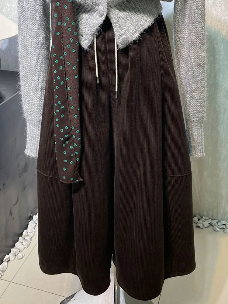 Vintage Corduroy Wide Leg Pants Women Korean High Waist Drawstring Casual Pants Y2K Loose Streetwear All Match Straight Trousers