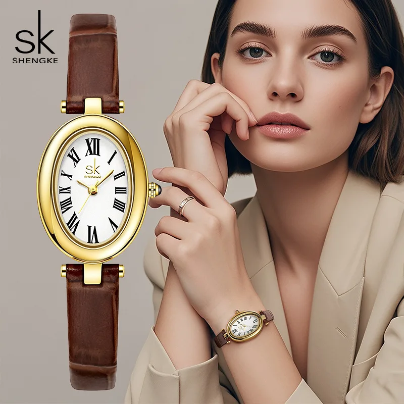Women'S Minimalist Oval Leather Strap Watch, High-End Quartz Watch, Elegant Women'S Watch, Premium Selected Timepiece.