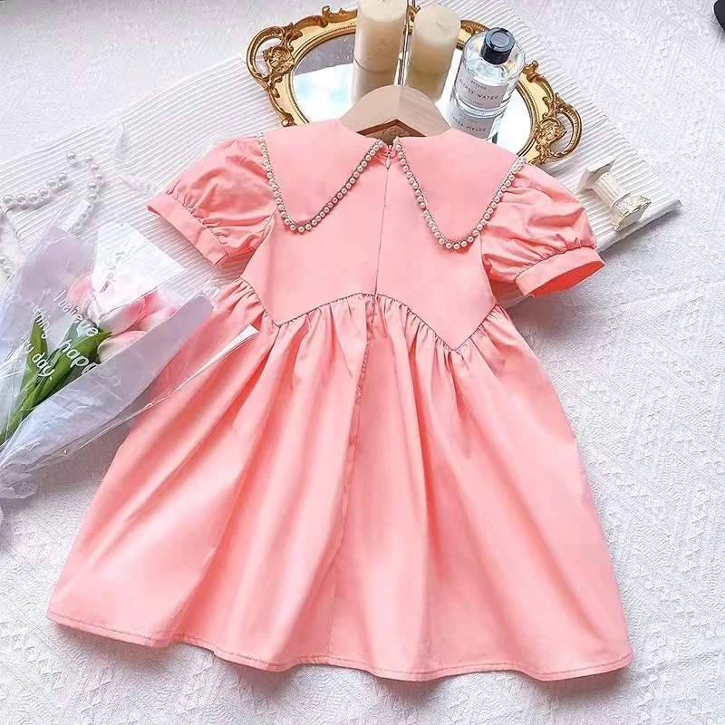 Girls Summer Pink Princess Dress 2024 Summer New Korean Edition Children\'s Fashionable Pearl Doll Neck Dress