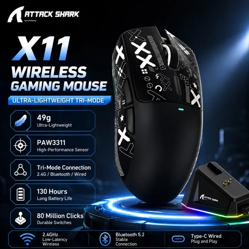 ATTACK SHARK X11 Wireless Gaming Mouse 49G Lightweight PAW3311 22000DPI Tri Mode RGB Magnetic Charging Dock for PC Laptop Gamer