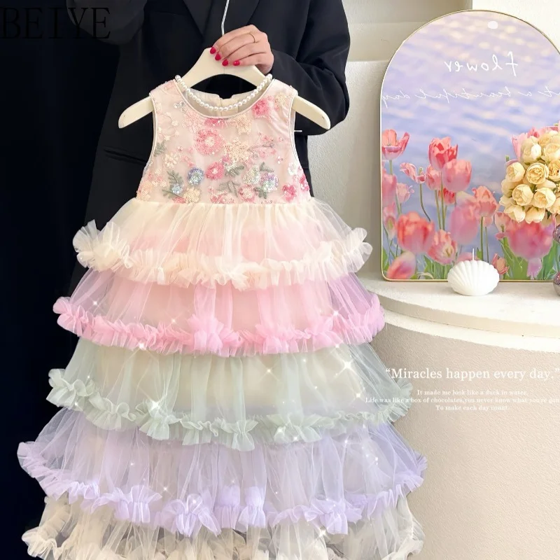 Sleeveless Rainbow Tiered Tulle Girls Dress Floral Sequin Embroidery Ruffle Layer Cake Dress Kids Princess Flower Tutu Gown