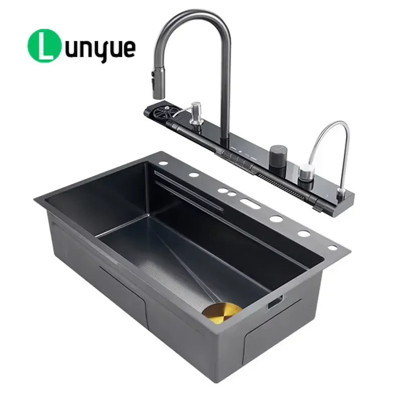 LED Digital Smart Waterfall Faucet 304 Stainless Steel Multifunctional Large Single Hole Bionic Washbasin Modern Kitchen Sink
