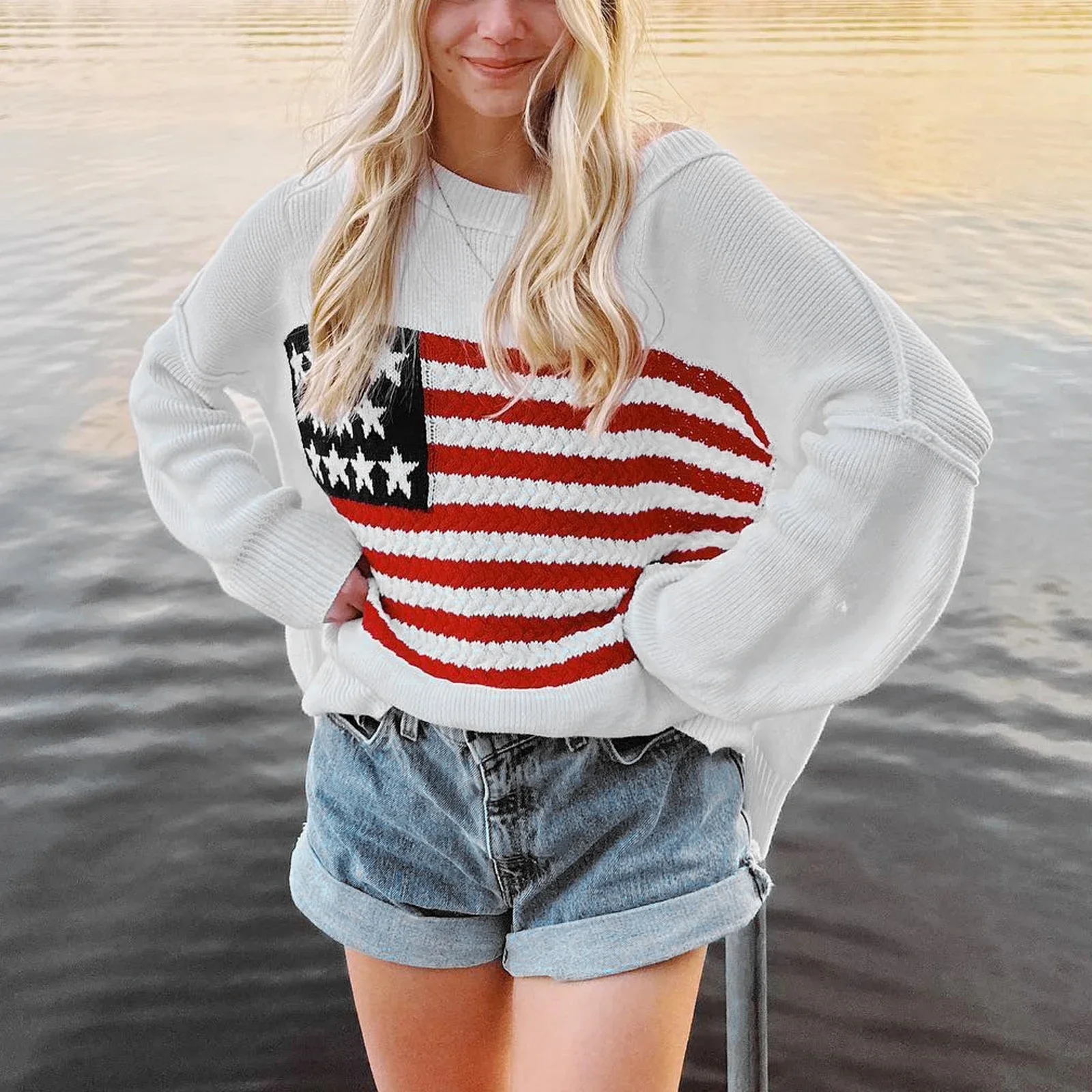 Women's Aesthetic Fall and Winter Knitted Sweater Long Sleeve Round Neck Flag Print Loose Knit Sweater Streetwear