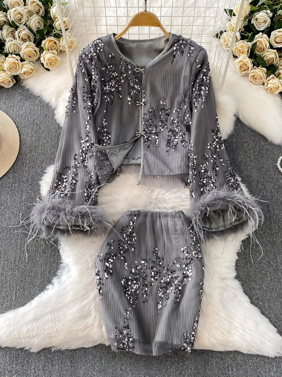 

Ele Round Ne Sequin Jaet, женский длинный топ-свек с высокой талией, комплект юбки, роскошный модный осенний наряд для подростков