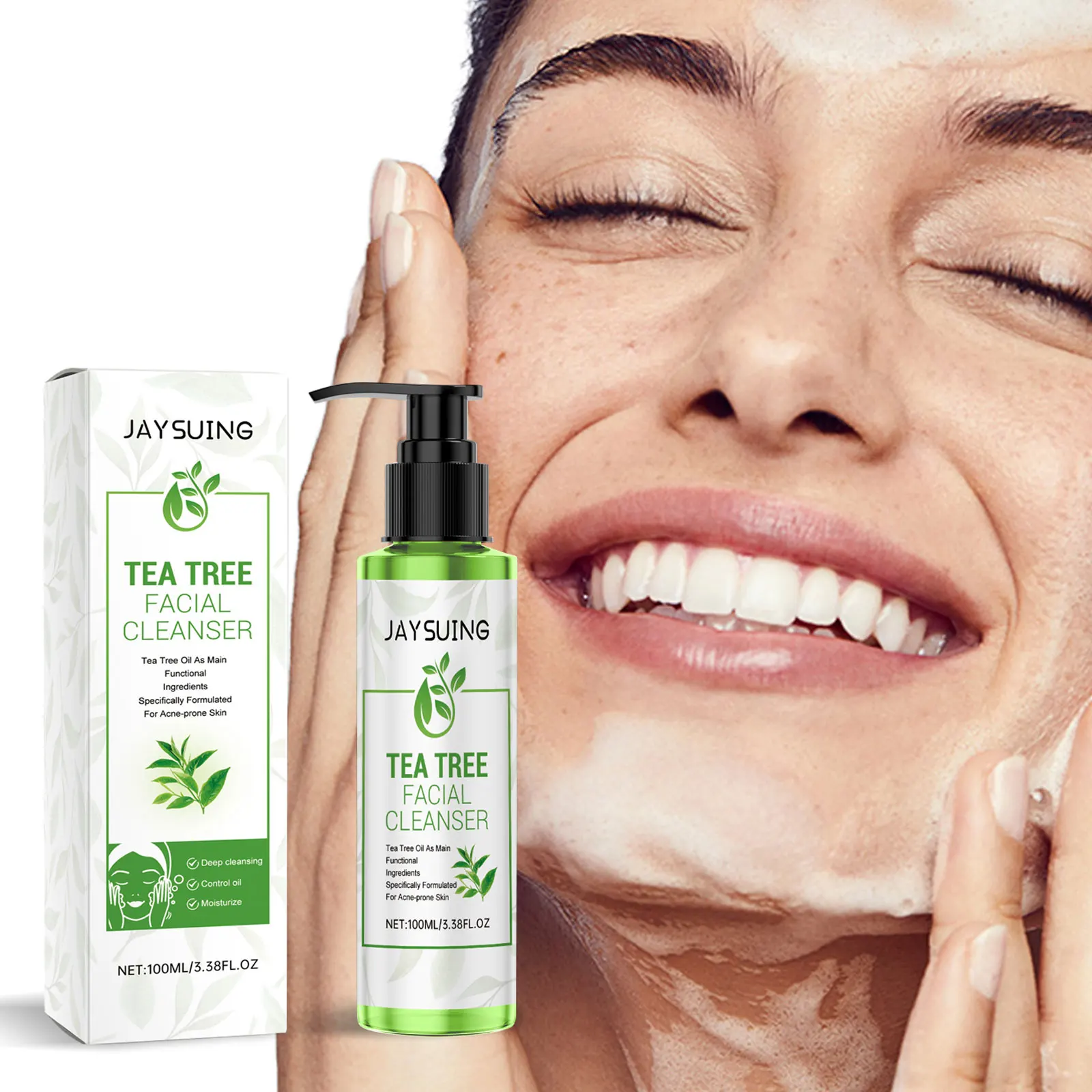 Tea Tree Facial Cleanser Acne Treatment Blackhead Removal Shrink Pore Exfoliating Cleaning Moisturize Oil Control Face Wash Gel