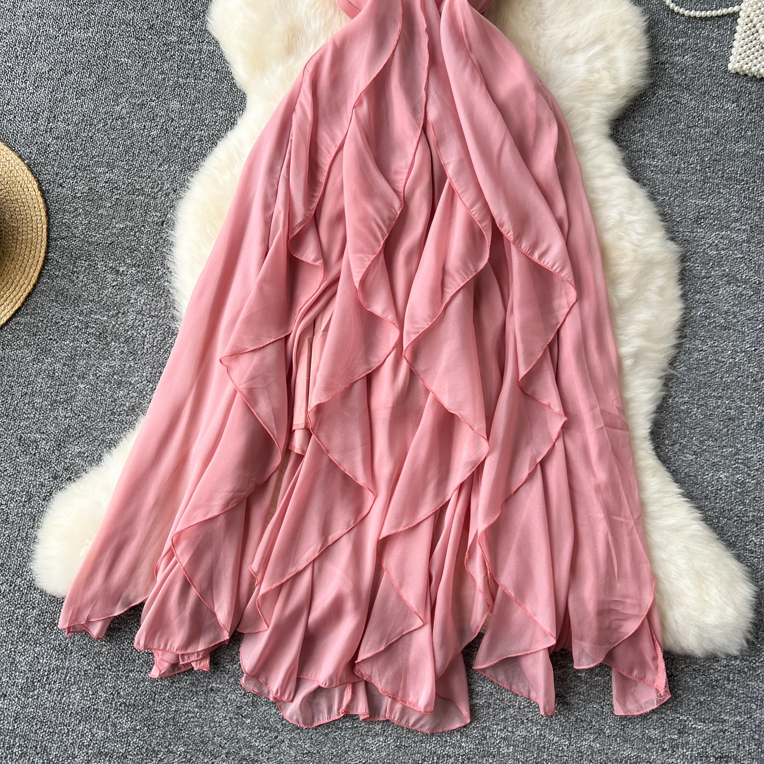 Sexy v neck asymmetrical ruffle chiffon summer halter Dress Chic Vintage Korean Fashion Women Beach Casual Slim dresses