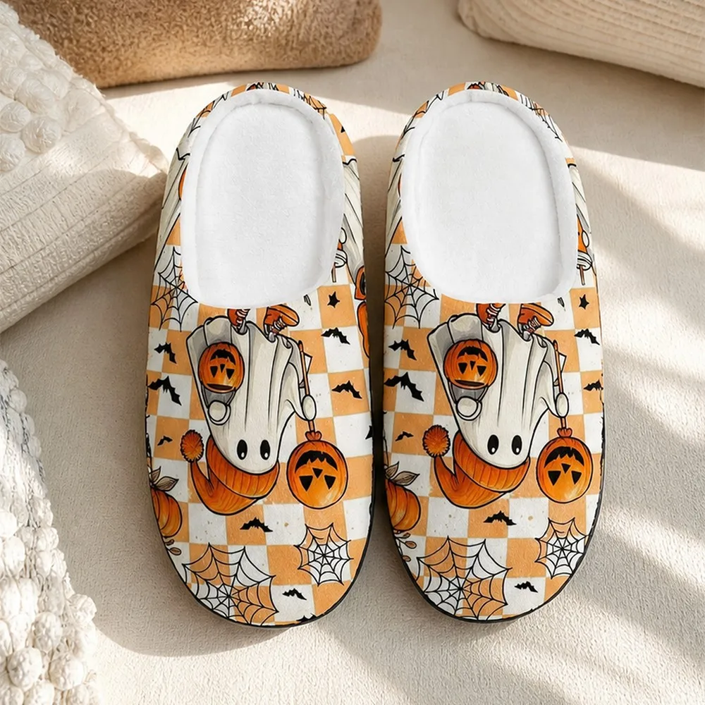 Halloween Ghost Pumpkin Slippers Fashion Trendy House Shoes Casual Cozy Cotton Slip On Warm Winter Home Footwear Cute Checkered