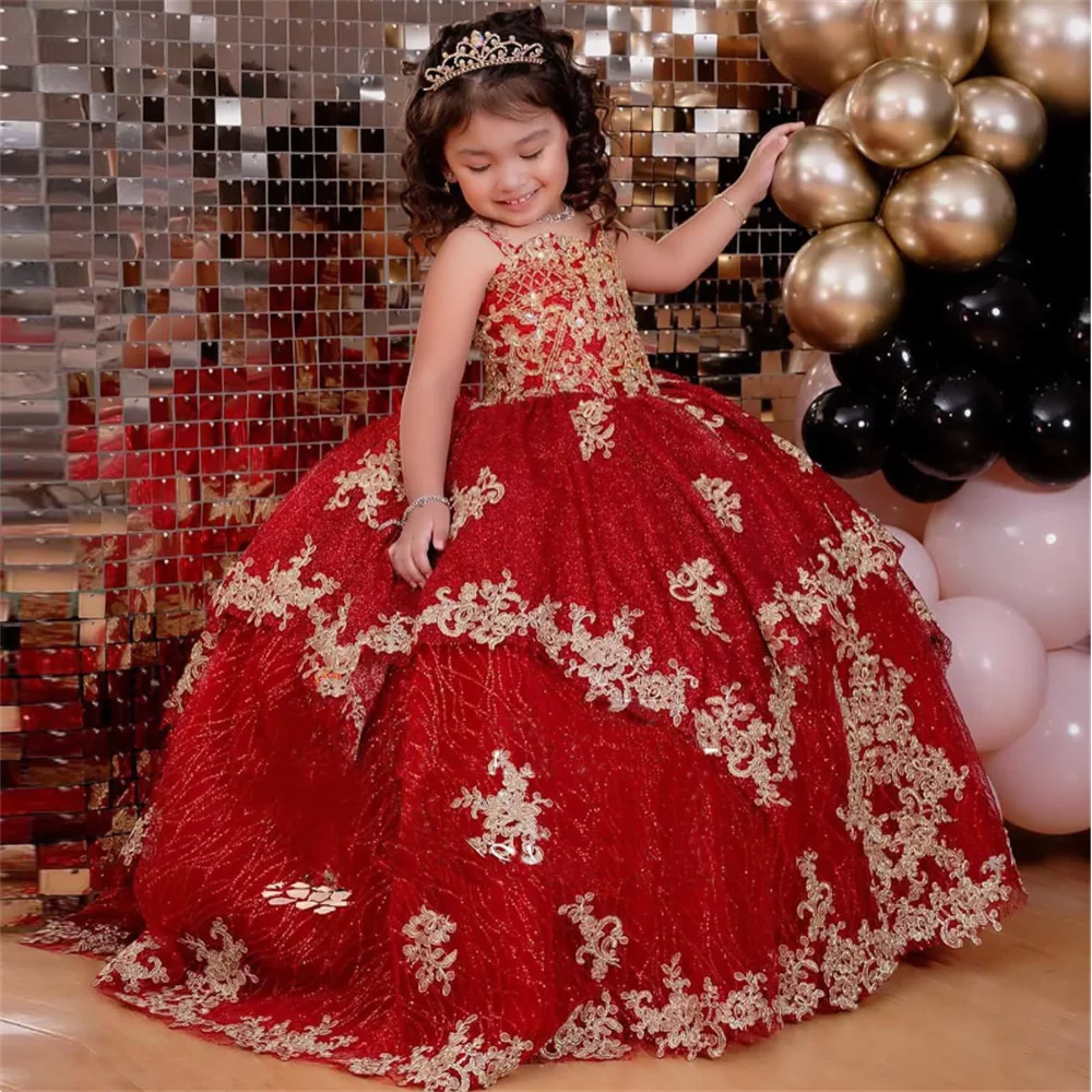 Luxury Red Sequined Ball Gown Toddler Little Girls Pageant Prom Dress for Kid Flower Girl Party Gowns Birthday Wear