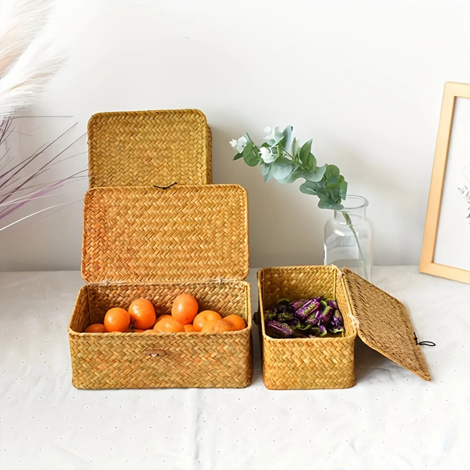 Traditional Braided Straw Box Handcrafted Storage Case With Lid Durable Decorative Organizer For Home Office Desk Accessories