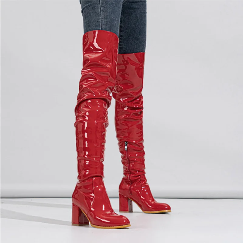 Large Size Black Red Long Tube Shoes Women Autumn Pleated Thick High Heels Over The Knee Boots Woman Patent Leather High Boots