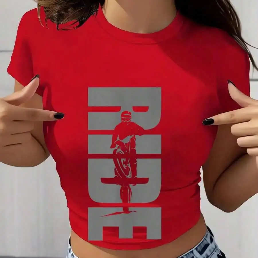 

Motocross Dirt Bike Crop Top Women Short Sleeve Round Neck Breathable Casual Streetwear