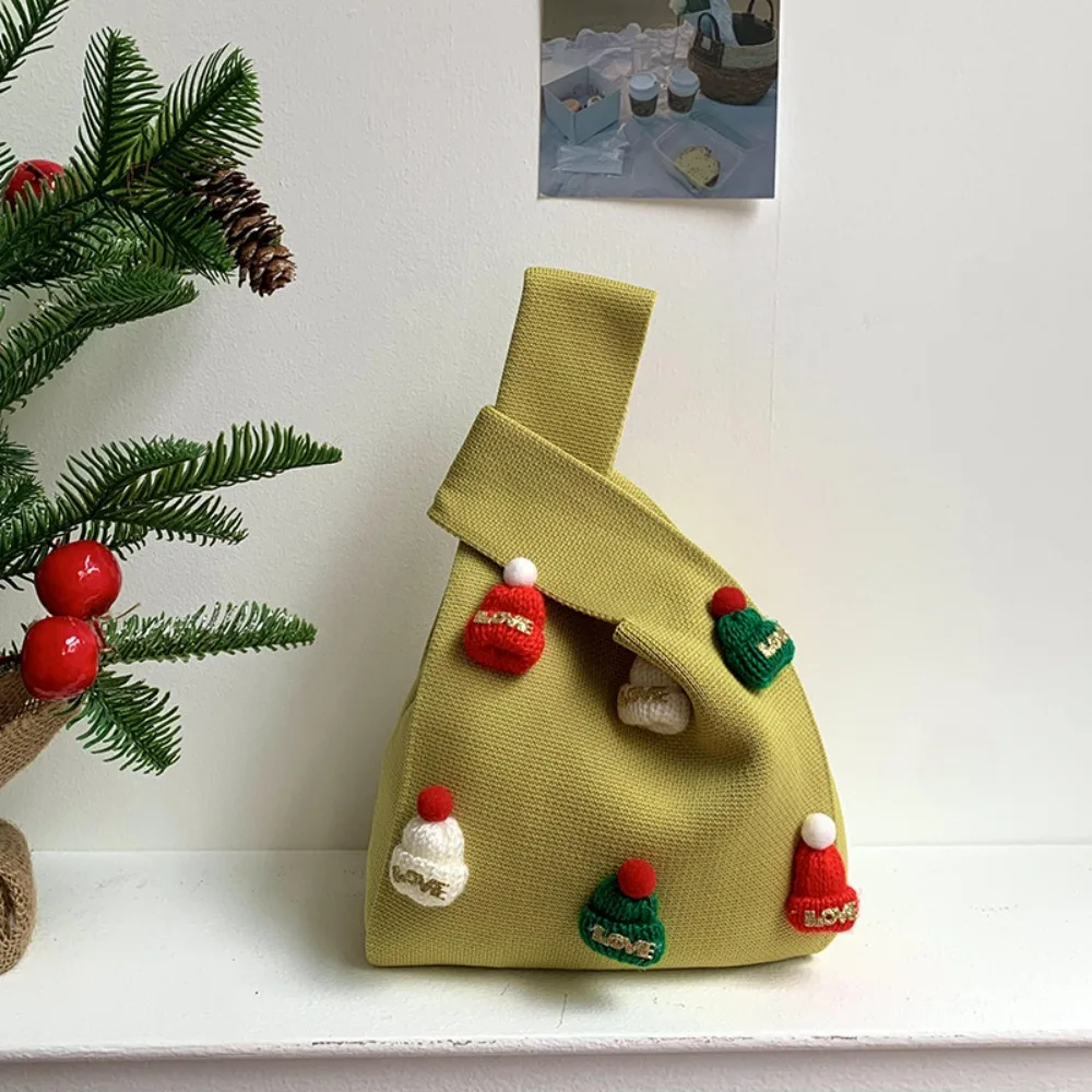 

Casual Christmas Hat Knot Wrist Bag Printed Weave Tote Bag Purse Handbag Christmas Knitted Bag Girl