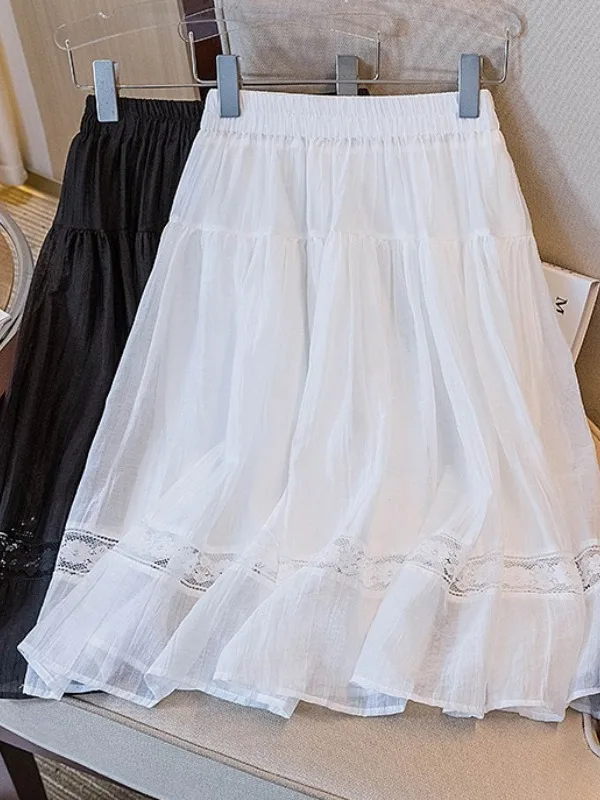 

plus Size High Waist Lace A-Line Skirt Women's Faion Spring Summer Fairy Skirt Slimming ort Skirt Casual Polyester F...