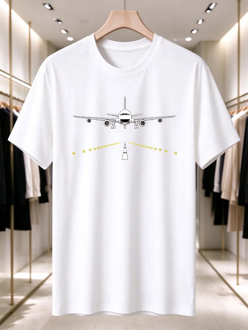 Airplane Landing Navigation Graphic Tee, 100% Cotton Pilot Aviation Aircraft Design Unisex Streetwear Casual Short Sleeve Top