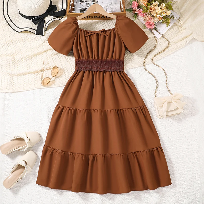 New Fashion Kids Girls Summer Dress Brown Short-Sleeved Square Collar Princess Dress Retro Court Style Party Ball Pageant Outfit